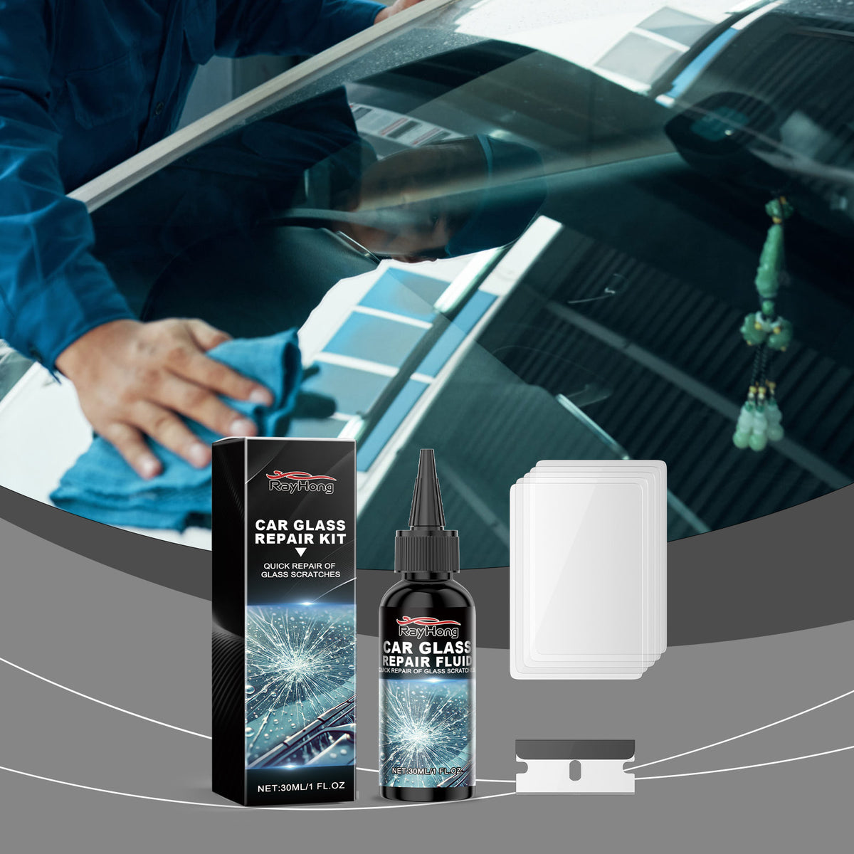 Kit di riparazione auto Rayhong, fluido di riparazione crack parabrezza per migliorare lo strumento di chiarezza visiva