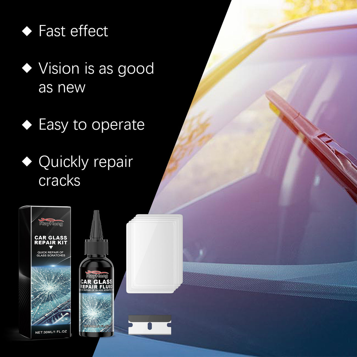 Kit di riparazione auto Rayhong, fluido di riparazione crack parabrezza per migliorare lo strumento di chiarezza visiva