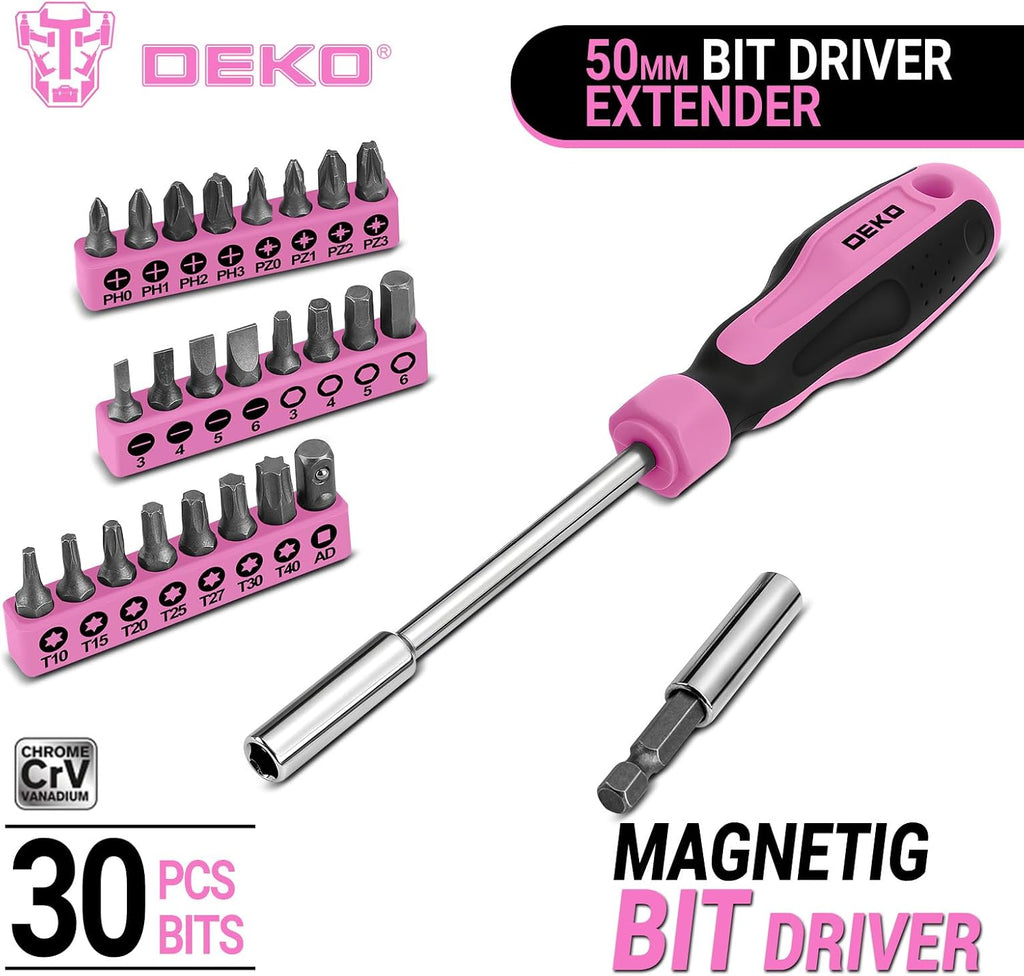 DEKO Cassetta Attrezzi Completa 138 Pezzi - Kit Attrezzi da Lavoro con Cacciaviti, Cricchetto, Pinze, Chiavi per Riparazioni Casa, Fai da Te, Ufficio, Viola