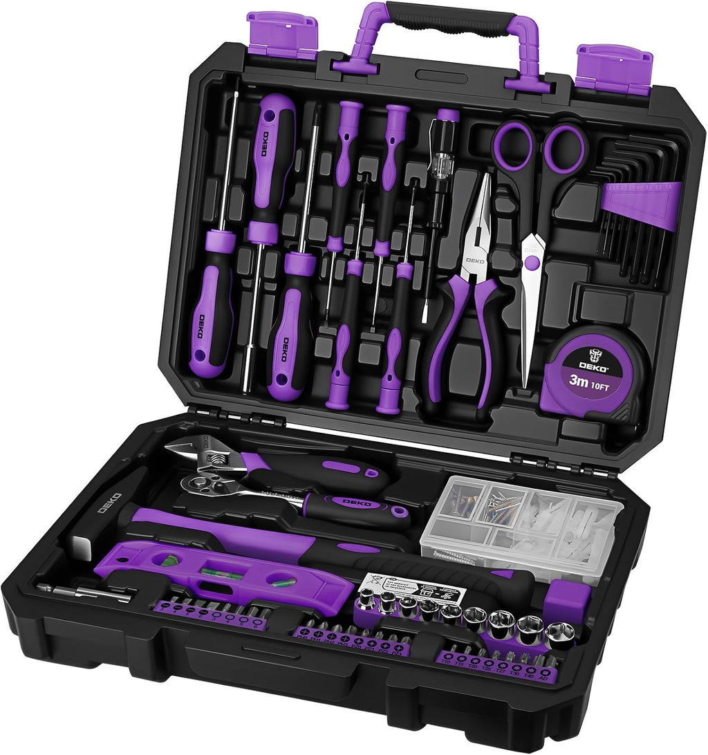 DEKO Cassetta Attrezzi Completa 138 Pezzi - Kit Attrezzi da Lavoro con Cacciaviti, Cricchetto, Pinze, Chiavi per Riparazioni Casa, Fai da Te, Ufficio, Viola