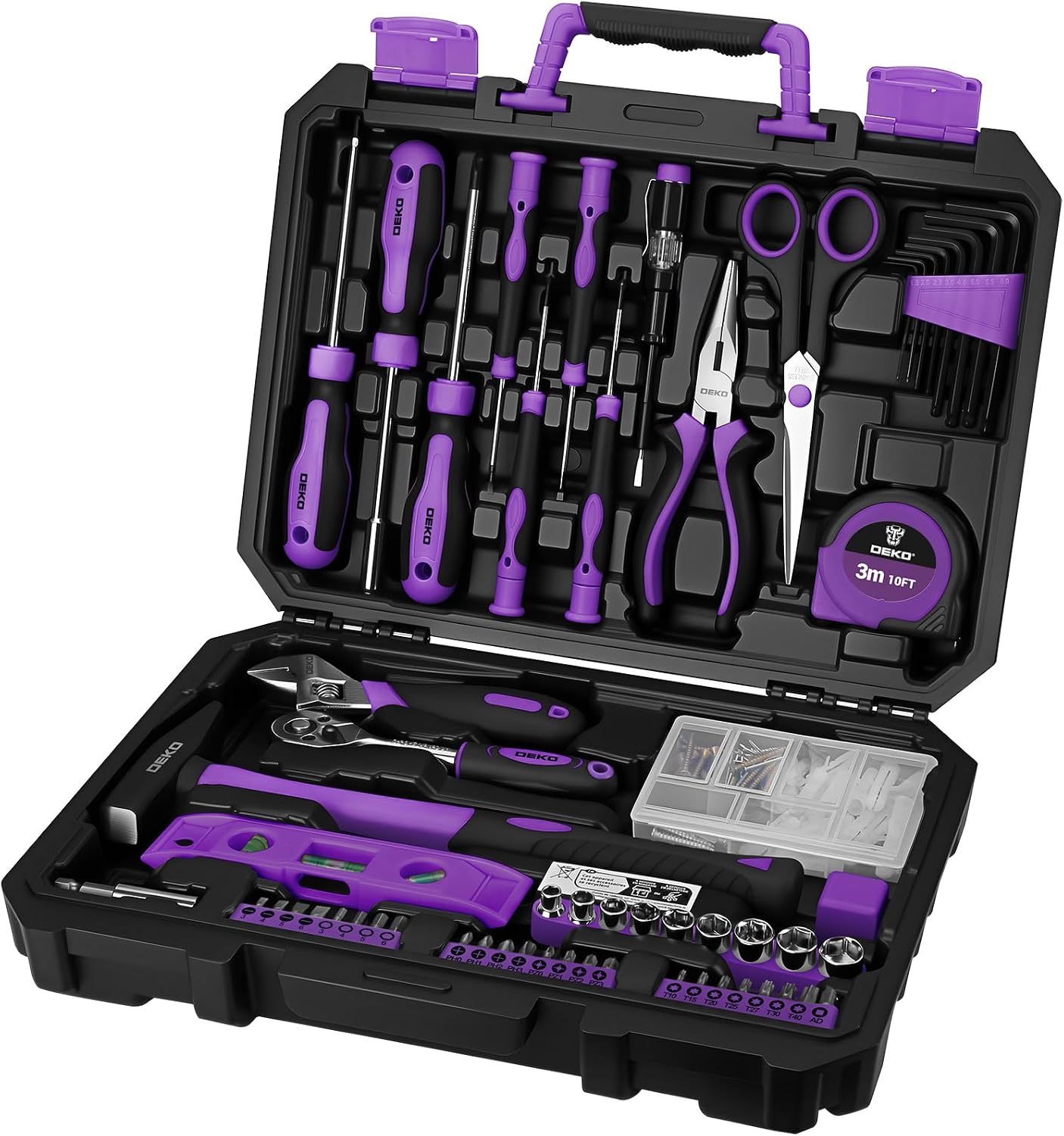 DEKO Cassetta Attrezzi Completa 138 Pezzi - Kit Attrezzi da Lavoro con Cacciaviti, Cricchetto, Pinze, Chiavi per Riparazioni Casa, Fai da Te, Ufficio, Viola