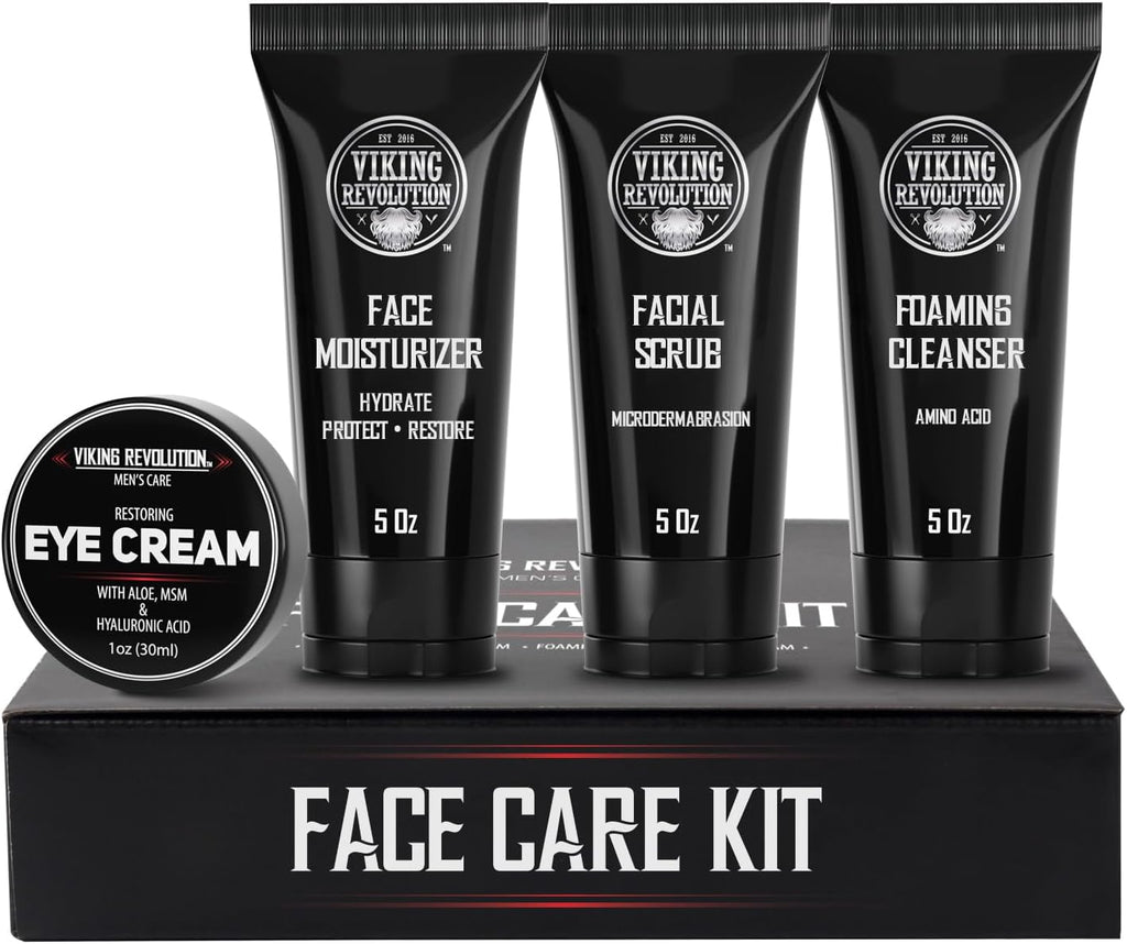 Viking Revolution - Skin Care Kit Uomo - Regalo Uomo - Include Idratante Viso, Scrub Viso, Detergente Schiumogeno (148ml) e Crema Contorno Occhi (30ml)