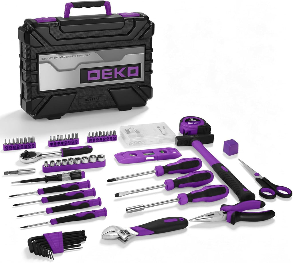 DEKO Cassetta Attrezzi Completa 138 Pezzi - Kit Attrezzi da Lavoro con Cacciaviti, Cricchetto, Pinze, Chiavi per Riparazioni Casa, Fai da Te, Ufficio, Viola