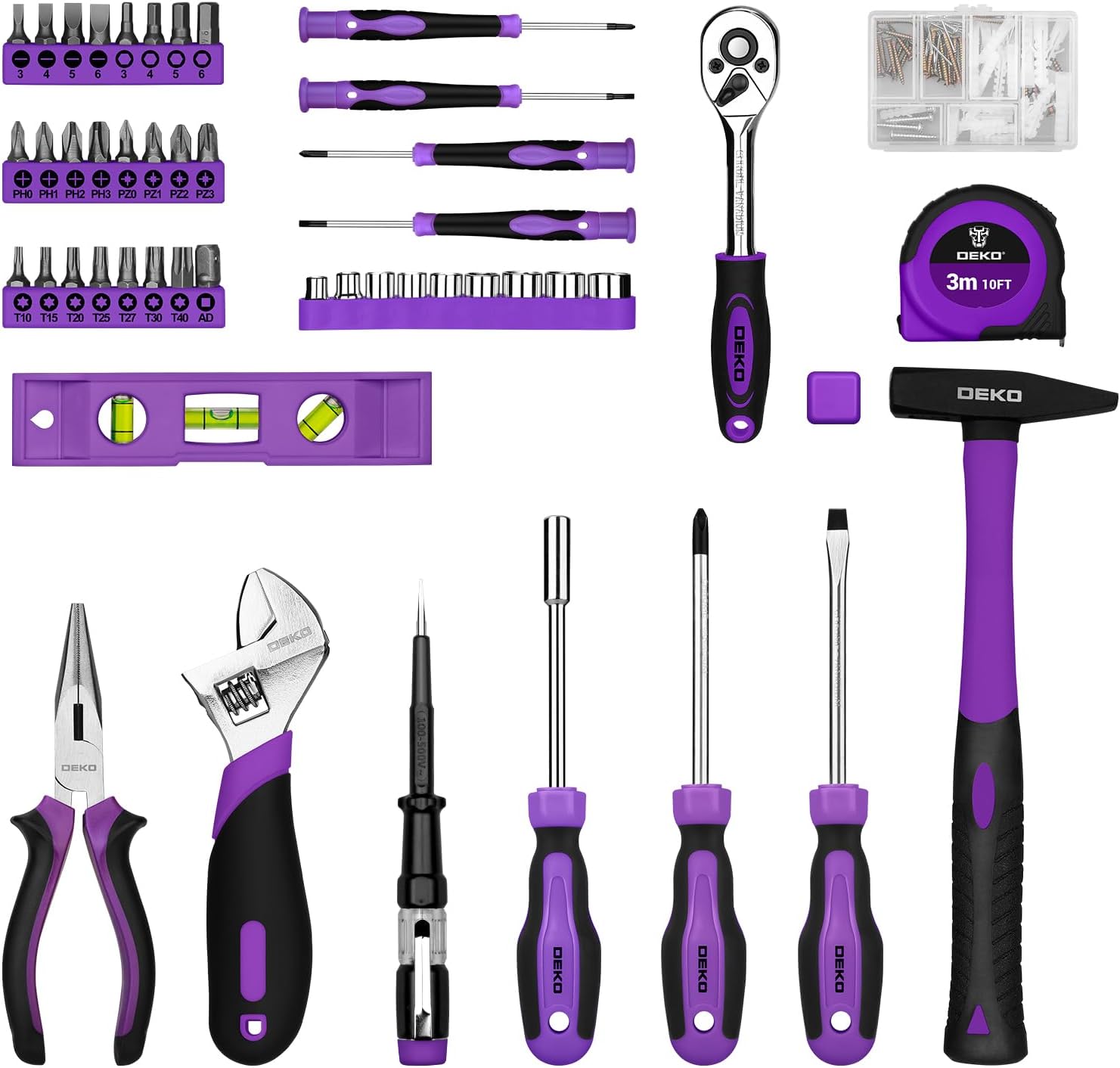 DEKO Cassetta Attrezzi Completa 138 Pezzi - Kit Attrezzi da Lavoro con Cacciaviti, Cricchetto, Pinze, Chiavi per Riparazioni Casa, Fai da Te, Ufficio, Viola