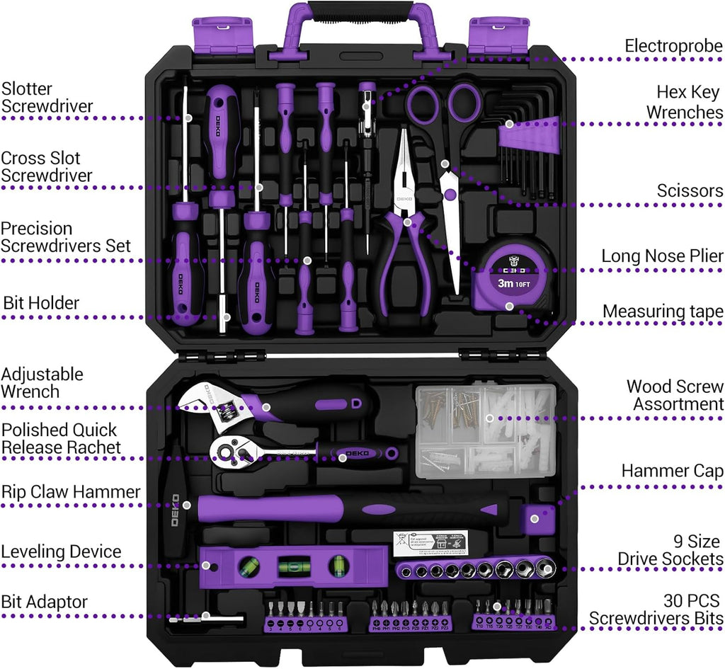 DEKO Cassetta Attrezzi Completa 138 Pezzi - Kit Attrezzi da Lavoro con Cacciaviti, Cricchetto, Pinze, Chiavi per Riparazioni Casa, Fai da Te, Ufficio, Viola
