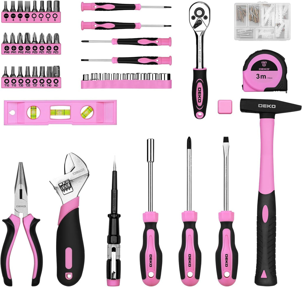 DEKO Cassetta Attrezzi Completa 138 Pezzi - Kit Attrezzi da Lavoro con Cacciaviti, Cricchetto, Pinze, Chiavi per Riparazioni Casa, Fai da Te, Ufficio, Viola