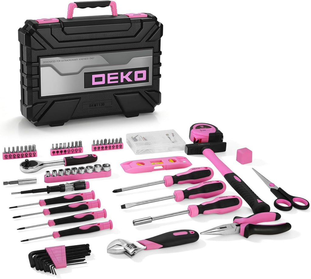DEKO Cassetta Attrezzi Completa 138 Pezzi - Kit Attrezzi da Lavoro con Cacciaviti, Cricchetto, Pinze, Chiavi per Riparazioni Casa, Fai da Te, Ufficio, Viola