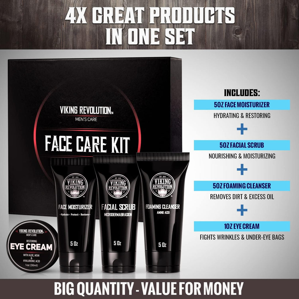 Viking Revolution - Skin Care Kit Uomo - Regalo Uomo - Include Idratante Viso, Scrub Viso, Detergente Schiumogeno (148ml) e Crema Contorno Occhi (30ml)