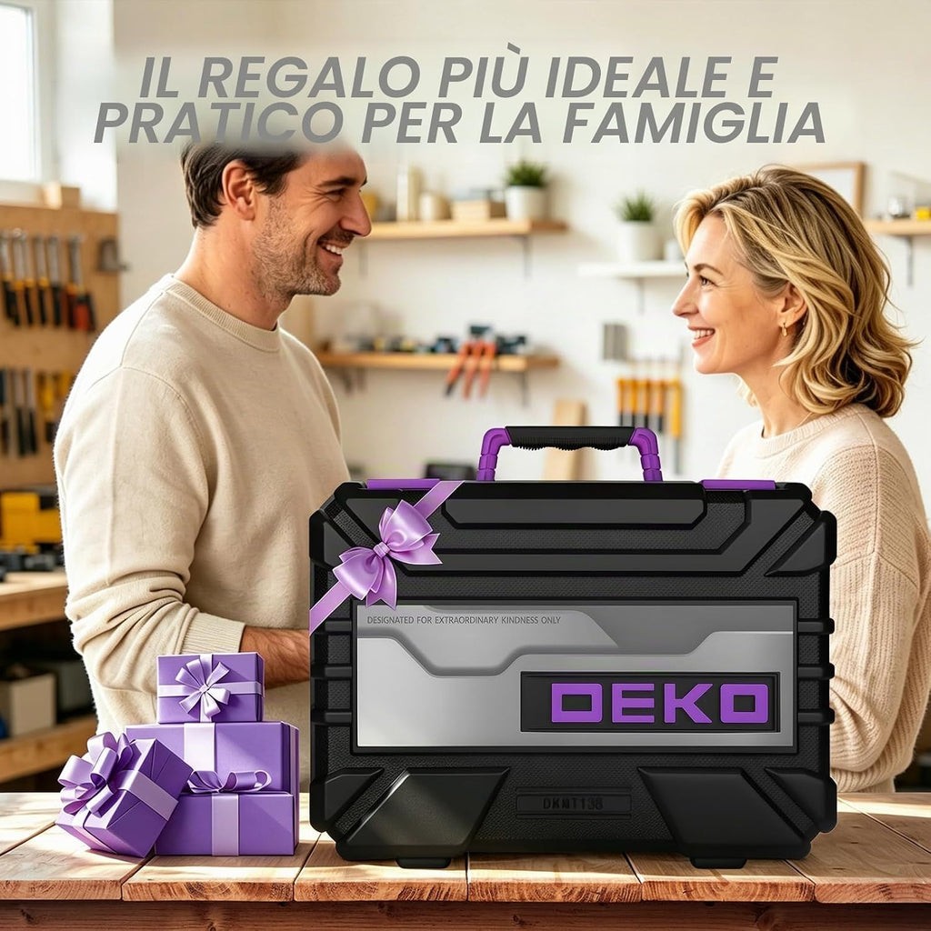 DEKO Cassetta Attrezzi Completa 138 Pezzi - Kit Attrezzi da Lavoro con Cacciaviti, Cricchetto, Pinze, Chiavi per Riparazioni Casa, Fai da Te, Ufficio, Viola