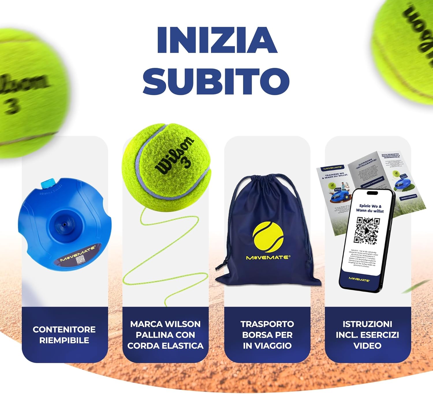 MOVEMATE Dispositivo di Allenamento per Tennis/Padel con Pallina Wilson® | Innovativo Dispositivo Sportivo per Il Tempo Libero per Giocare e Allenarsi all'aperto, in Giardino