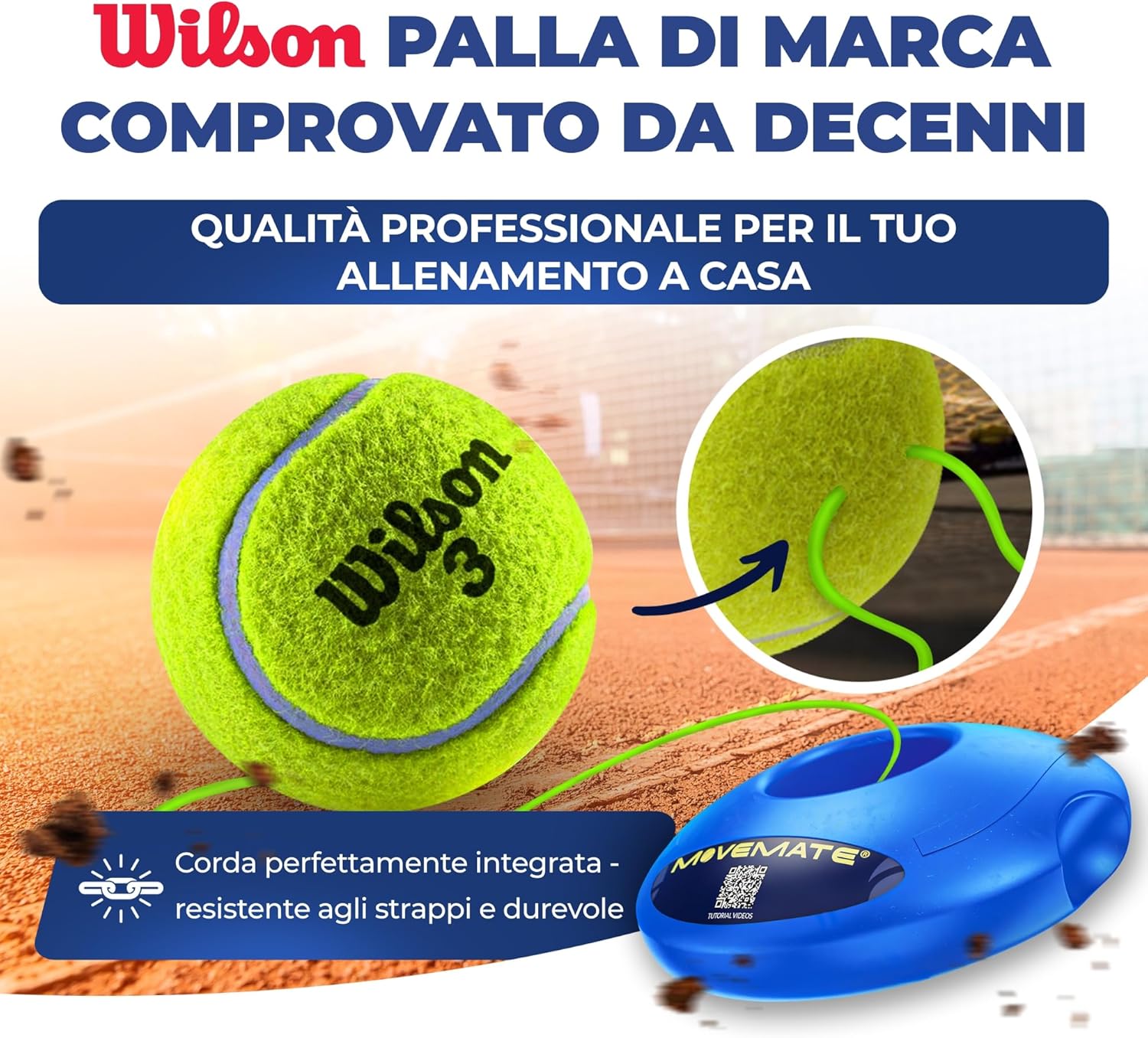 MOVEMATE Dispositivo di Allenamento per Tennis/Padel con Pallina Wilson® | Innovativo Dispositivo Sportivo per Il Tempo Libero per Giocare e Allenarsi all'aperto, in Giardino