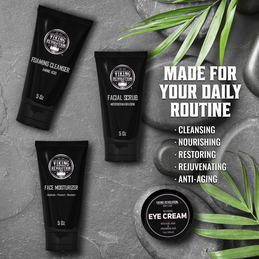 Viking Revolution - Skin Care Kit Uomo - Regalo Uomo - Include Idratante Viso, Scrub Viso, Detergente Schiumogeno (148ml) e Crema Contorno Occhi (30ml)
