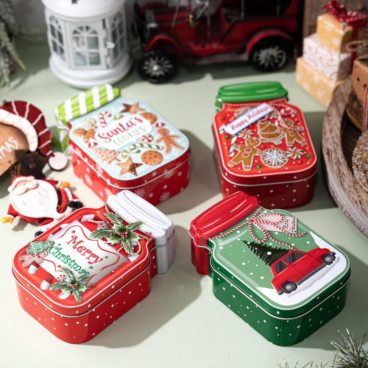 Haobei New Christmas Decorations, tinplate can-shaped decorations, car gingerbread man party candy box decorations