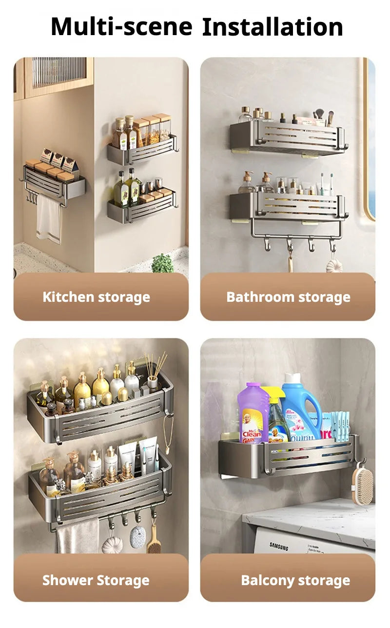 Punch-Free Bathroom Shelf Wall Mounted Shampoo Makeup Storage Holder Kitchen Toilet Square Self Adhesive No Drill Shower Shelves