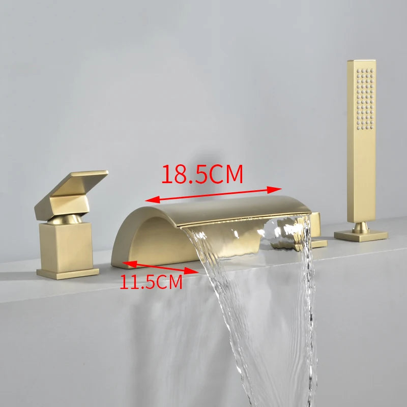 Solid Brass 4Pcs Gold Brushed  Waterfall Bathtub Faucet Set Black 4 Holes Hot and Cold Water Mixer Tap Bathroom