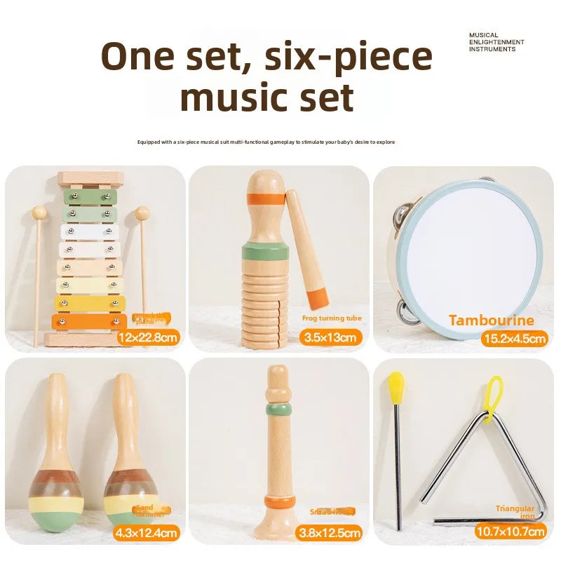 Montessori Wooden Percussion Set 6-in-1 Music Discovery Kit Toy for Toddlers 1-3 Years with Xylophone Shakers Sensory Toys Gifts