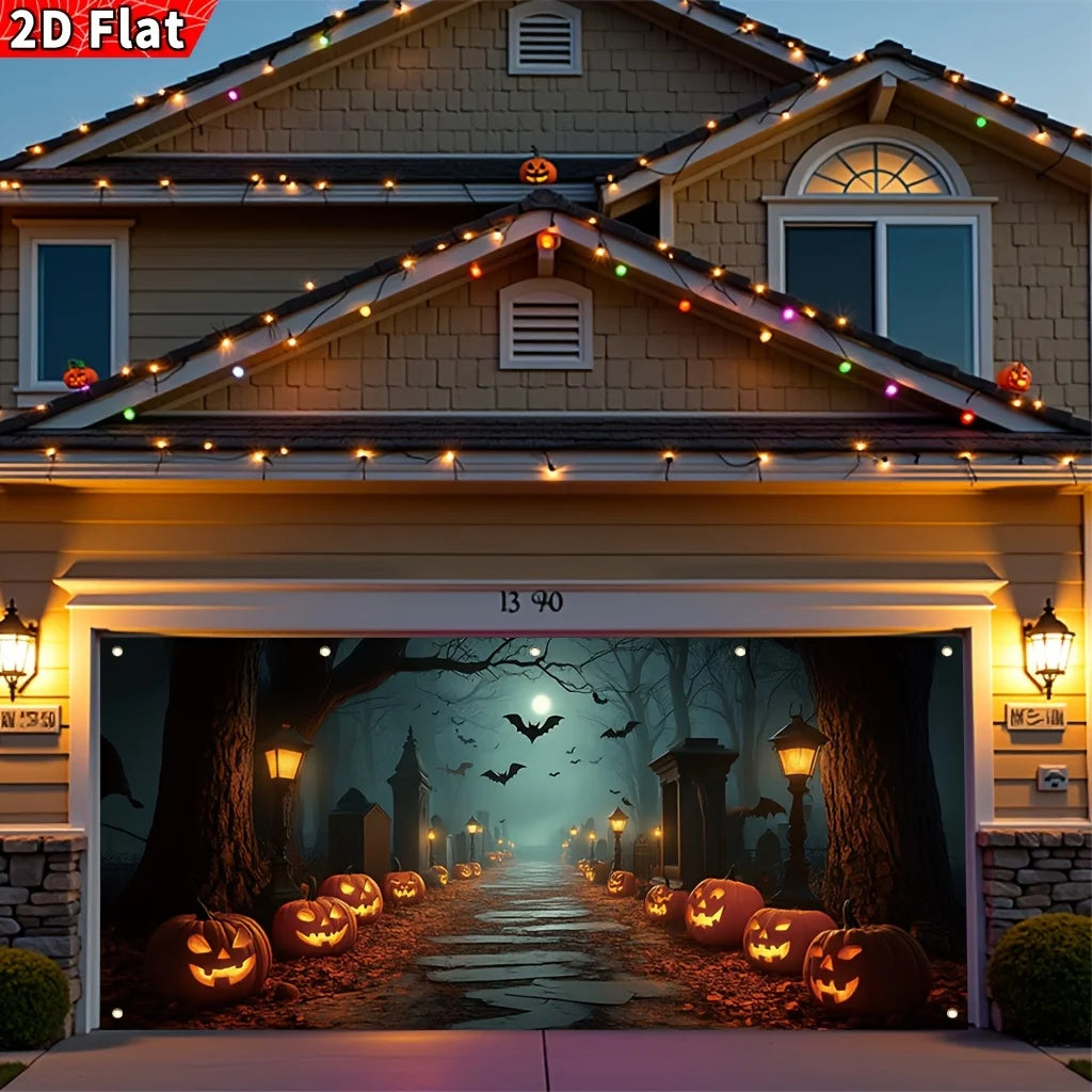One oversized Halloween garage banner - featuring spooky pumpkin lanterns, bats, moons and haunted house patterns