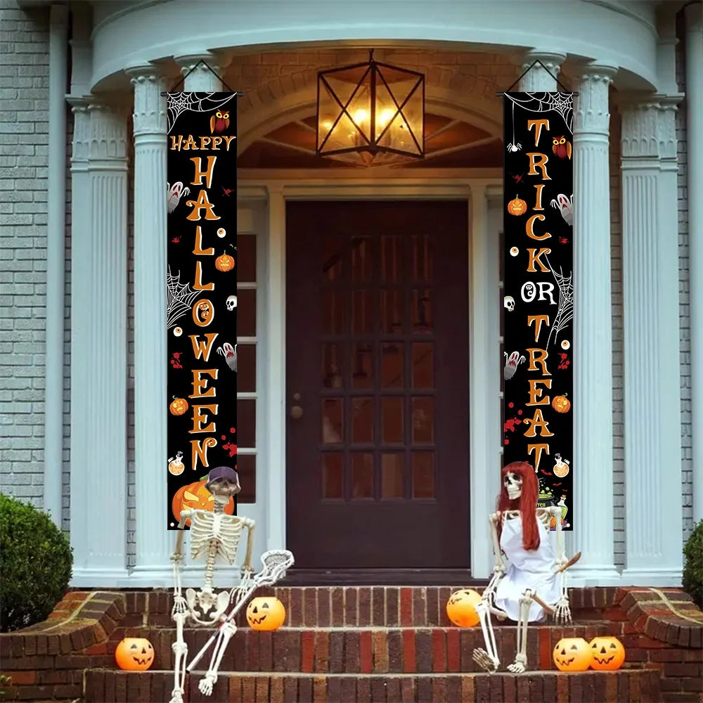 Halloween welcome banner, 1 piece, design includes pumpkins, spider webs and skulls, terrifying decoration on the wall.