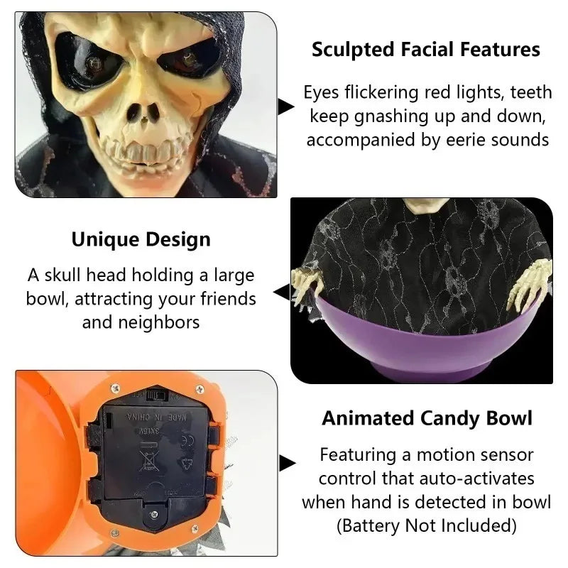 Halloween Skeleton Hand Candy Bowl with Light Up Red Eyes Spooky Sound Effects for Haunted House Party Decoration  ﻿