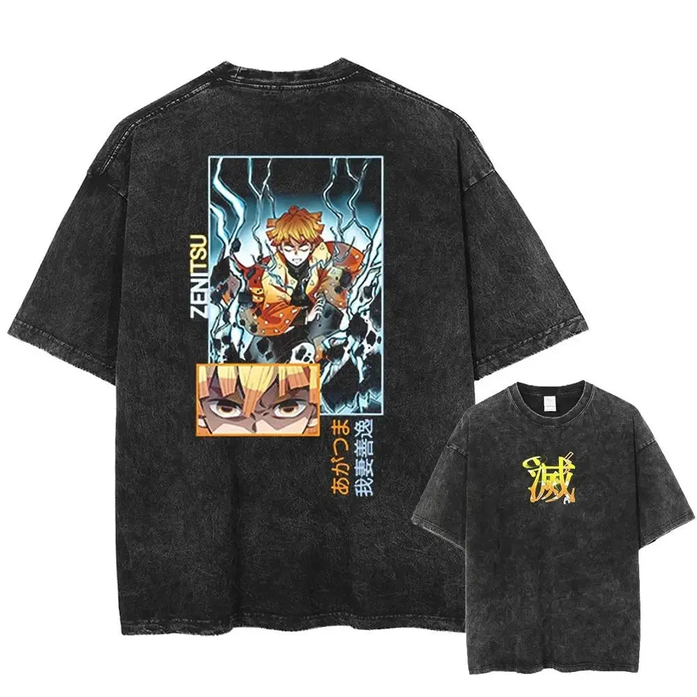 Demon Slayer Men's Women's Washed T-Shirt  Retro Washed T-shirt Summer Unisex Loose and Breathable Cotton T-shirt Top