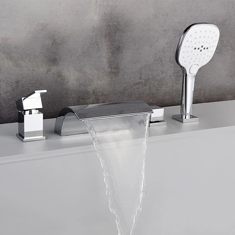 Solid Brass 4Pcs Gold Brushed  Waterfall Bathtub Faucet Set Black 4 Holes Hot and Cold Water Mixer Tap Bathroom
