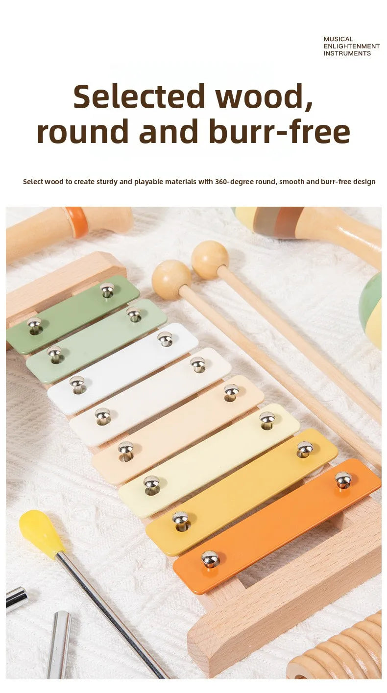 Montessori Wooden Percussion Set 6-in-1 Music Discovery Kit Toy for Toddlers 1-3 Years with Xylophone Shakers Sensory Toys Gifts