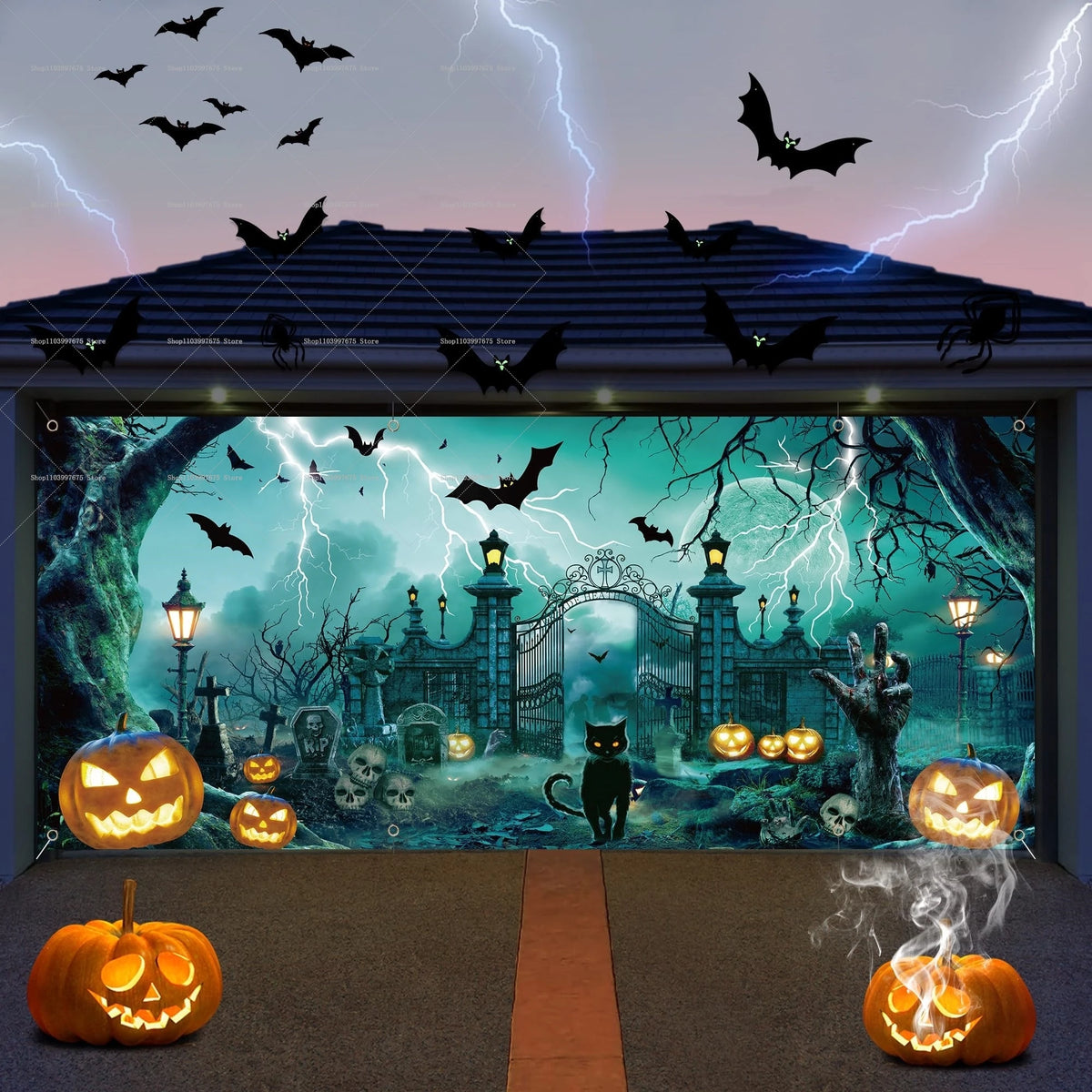 Halloween Skeleton Pumpkin Garage Door Banner Decor Photography Backdrop Outdoor Walls Events Background Props Party Supplies