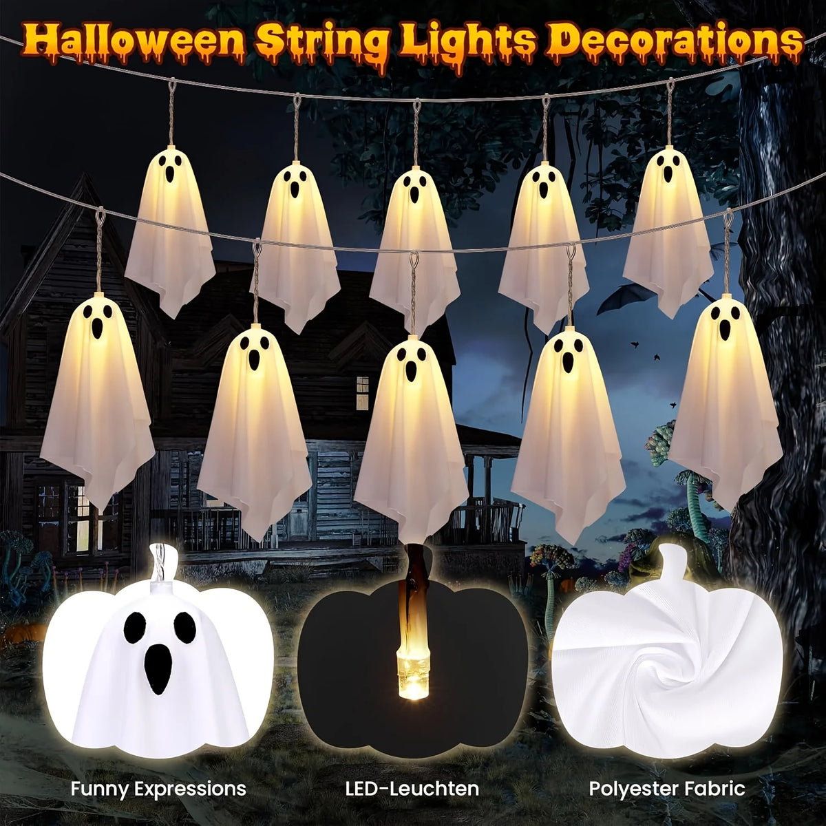 Halloween White Cloth Ghost LED String Lights Indoor Window Fireplace Spooky Party Hanging Decor Fairy Lamp