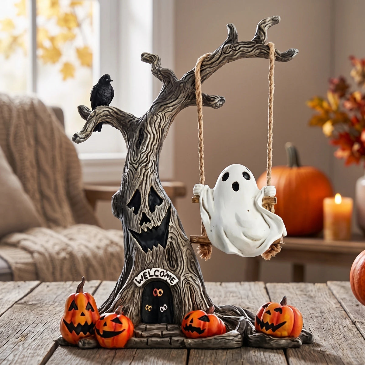 Halloween Tree with Ghost Swing Festive Ghost Figurine with Tree Swing Sculpted Charming for Home Decorators, Mantel, Bookshelf