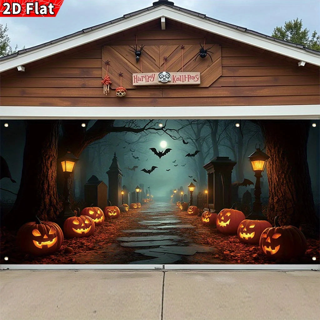 One oversized Halloween garage banner - featuring spooky pumpkin lanterns, bats, moons and haunted house patterns