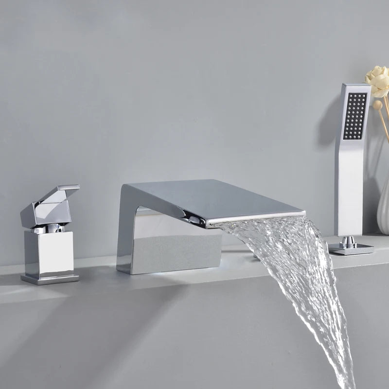 Solid Brass 4Pcs Gold Brushed  Waterfall Bathtub Faucet Set Black 4 Holes Hot and Cold Water Mixer Tap Bathroom