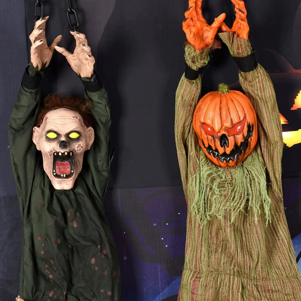 Halloween Party Props Animated Hanging Clown with Chain Glowing Eyes Creepy Sound for Haunted House Outdoor Yard Decoration