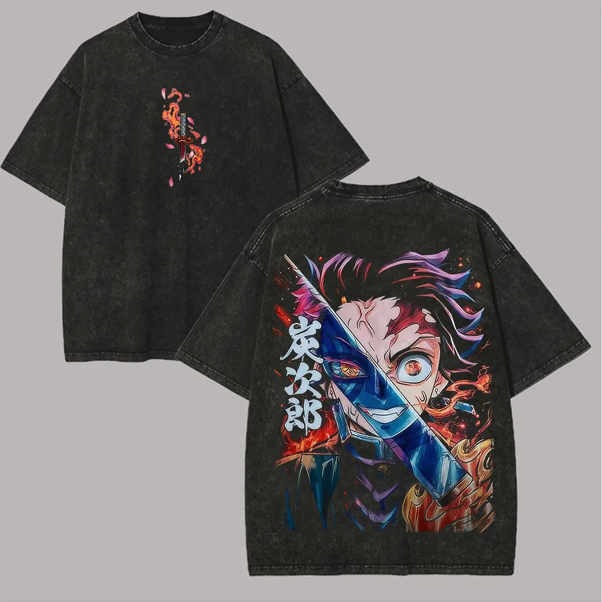 Demon Slayer Washed Retro Short Sleeve T-Shirt Casual Summer Wear Men's Comfortable Short Sleeve Half Sleeve Sports Popular Top