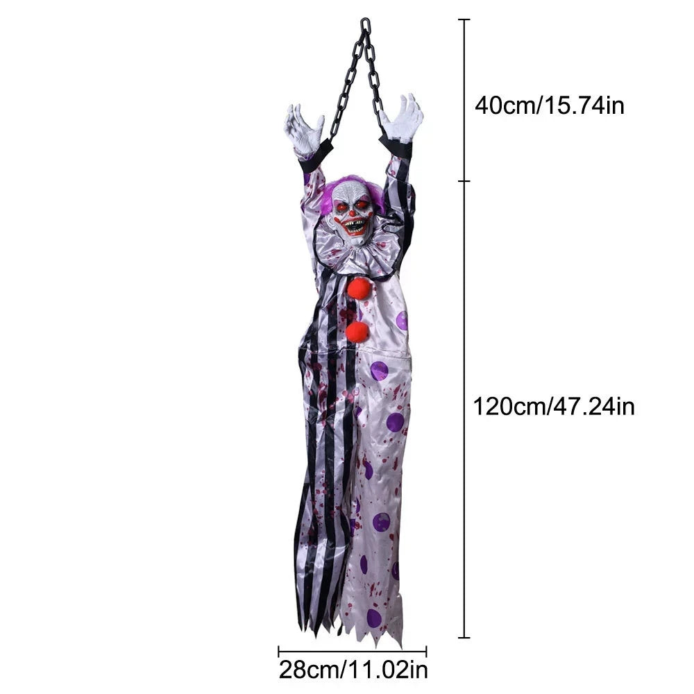 Halloween Party Props Animated Hanging Clown with Chain Glowing Eyes Creepy Sound for Haunted House Outdoor Yard Decoration