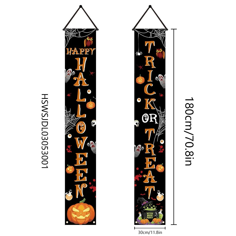 Halloween welcome banner, 1 piece, design includes pumpkins, spider webs and skulls, terrifying decoration on the wall.