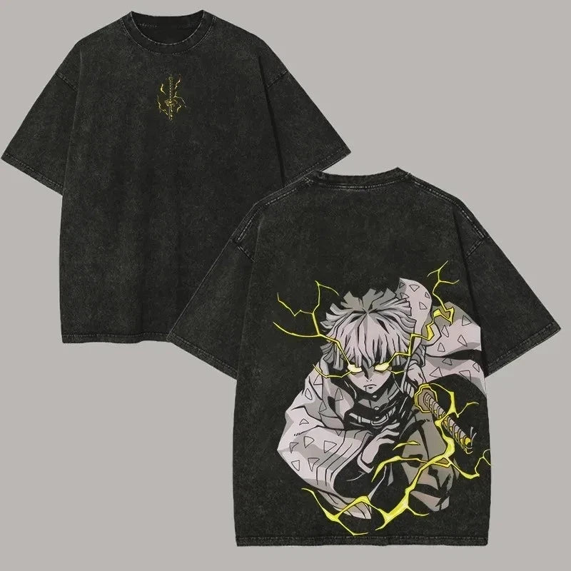 Demon Slayer Men's Women's Washed T-Shirt  Retro Washed T-shirt Summer Unisex Loose and Breathable Cotton T-shirt Top
