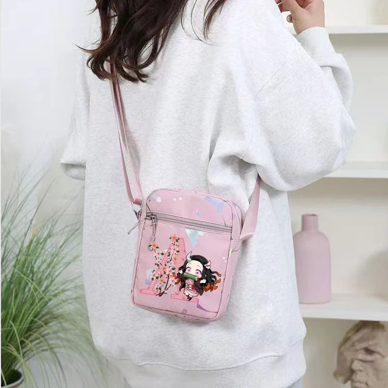 Demon Slayer Shoulder Bag for Girl Cartoon Kamado Letter Adjustable Multiple Compartments Mobile Phone Bag Casual Crossbody Bag