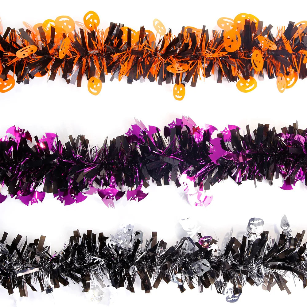 Halloween Decorative Streamers - 2m Dense Pumpkin & Skull Tinsel Hangings | Haunted House & Yard Decor with Bat Garlands