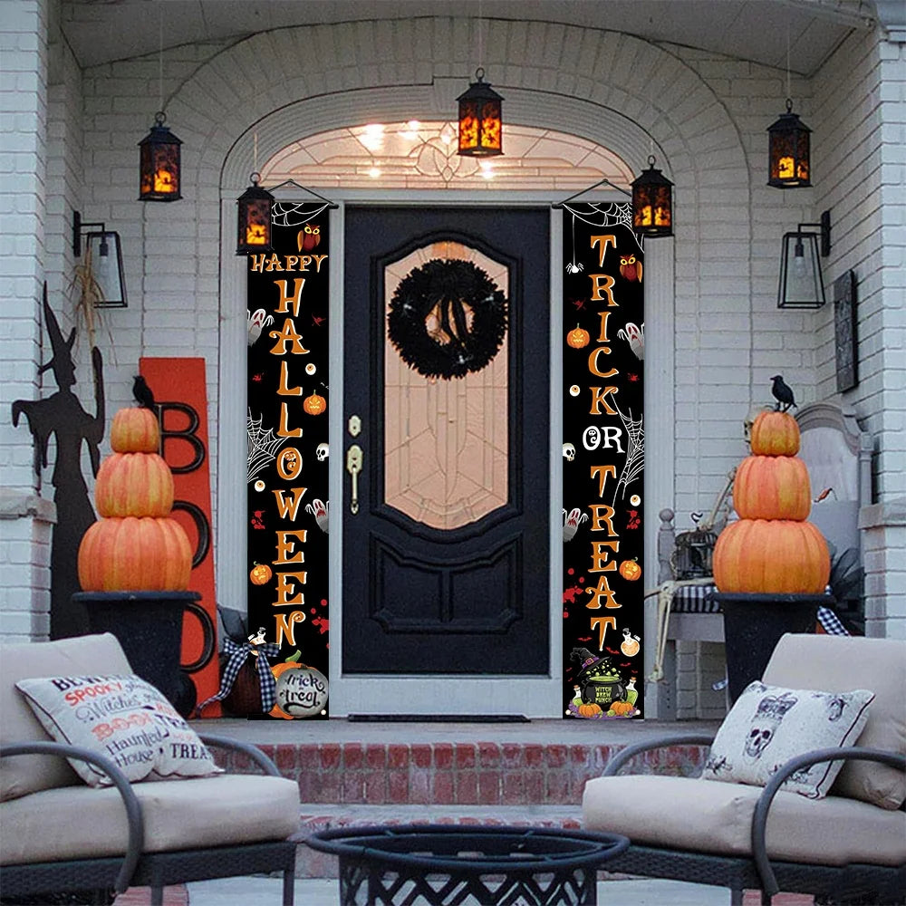 Halloween welcome banner, 1 piece, design includes pumpkins, spider webs and skulls, terrifying decoration on the wall.