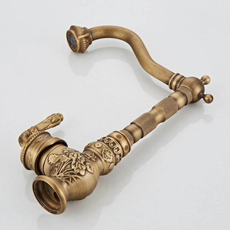 Antique Bronze Luxury Copper Deck Mount Sink Mixer Tap for Bathroom Basin, Hot/Cold Water Vintage Style Carving Design