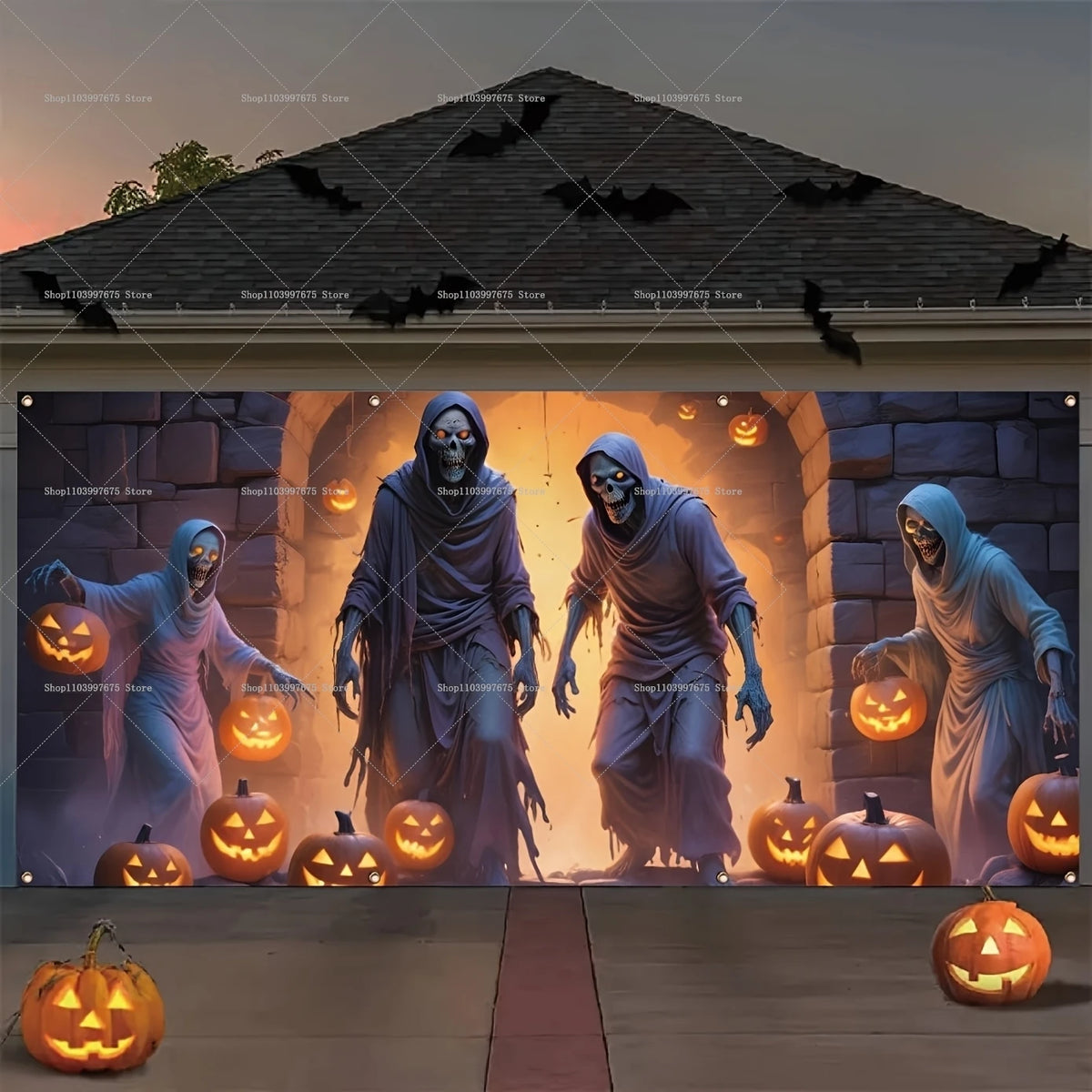 Halloween Skeleton Pumpkin Garage Door Banner Decor Photography Backdrop Outdoor Walls Events Background Props Party Supplies