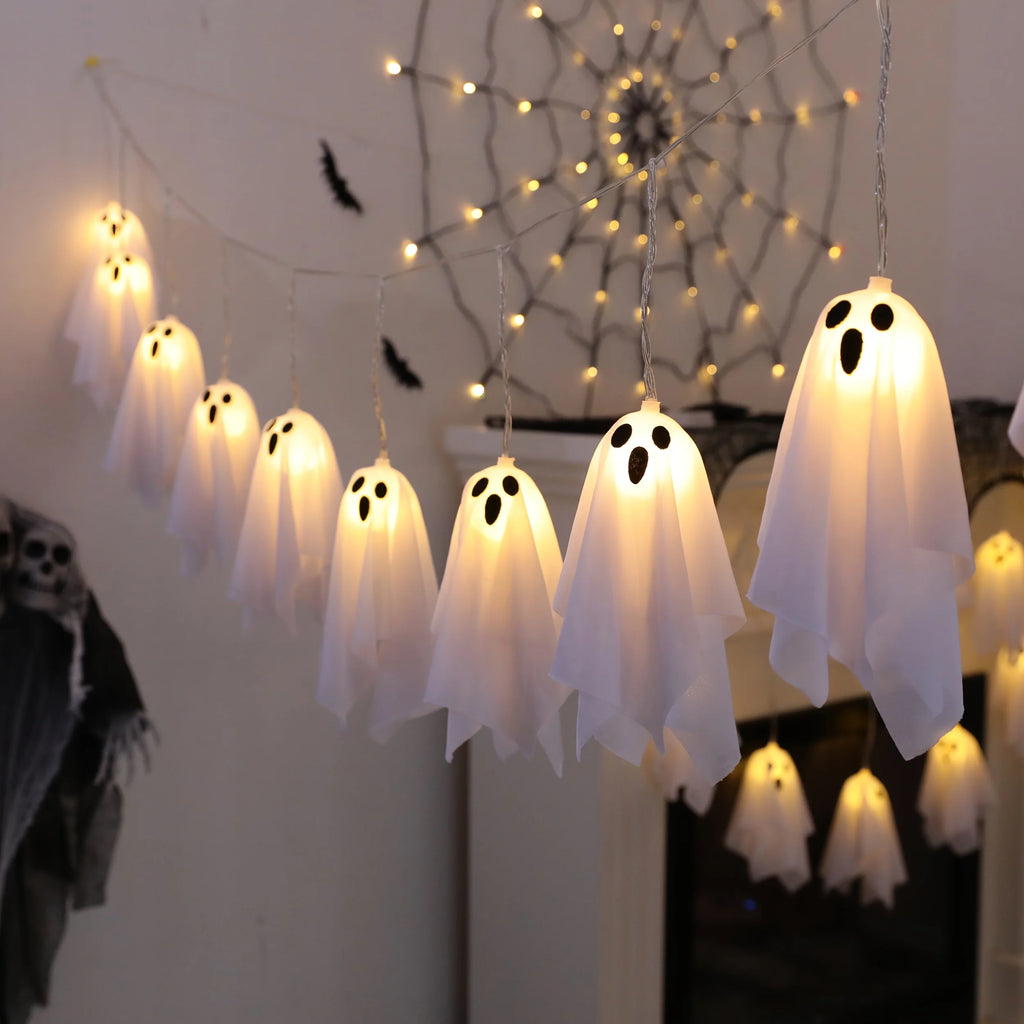 Halloween White Cloth Ghost LED String Lights Indoor Window Fireplace Spooky Party Hanging Decor Fairy Lamp