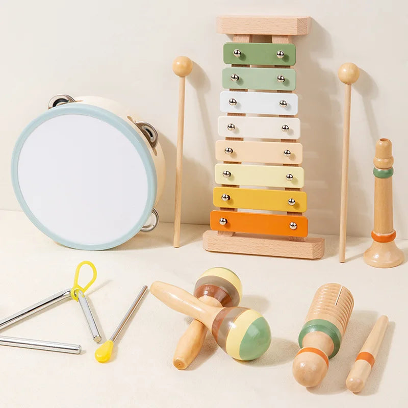 Montessori Wooden Percussion Set 6-in-1 Music Discovery Kit Toy for Toddlers 1-3 Years with Xylophone Shakers Sensory Toys Gifts