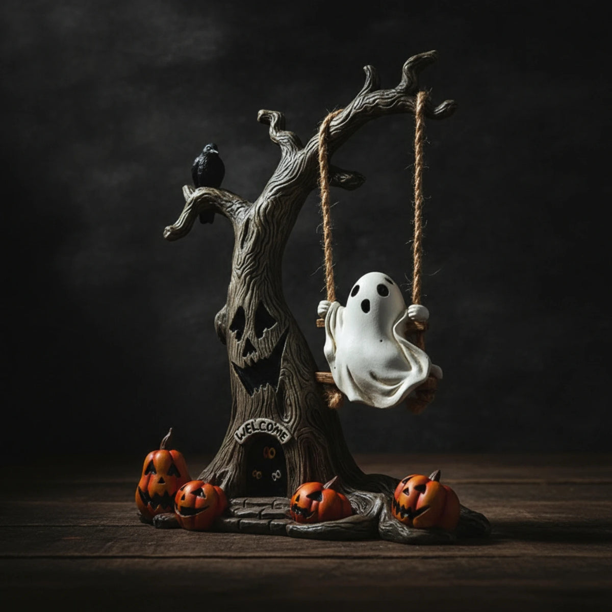 Halloween Tree with Ghost Swing Festive Ghost Figurine with Tree Swing Sculpted Charming for Home Decorators, Mantel, Bookshelf