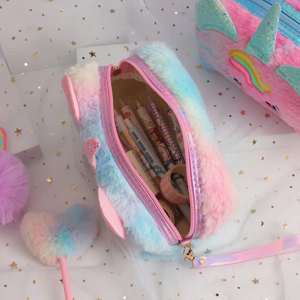 Cute Plush Unicorn Pencil Bag Aesthetic Pencil Cases Girl Kawaii Stationery Bag Children Large Capacity Pen Case School Supplies