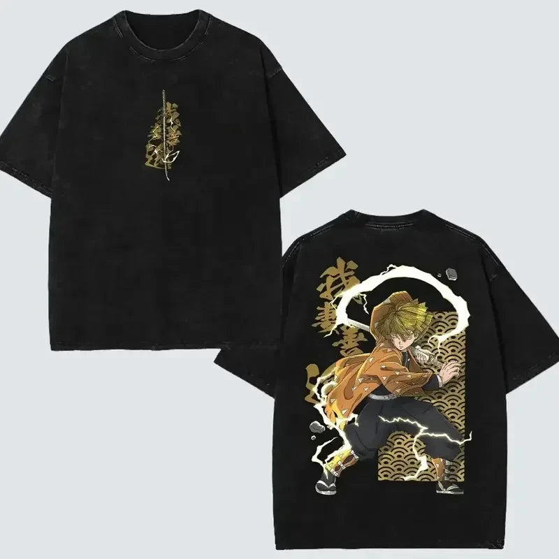 Demon Slayer Men's Women's Washed T-Shirt  Retro Washed T-shirt Summer Unisex Loose and Breathable Cotton T-shirt Top