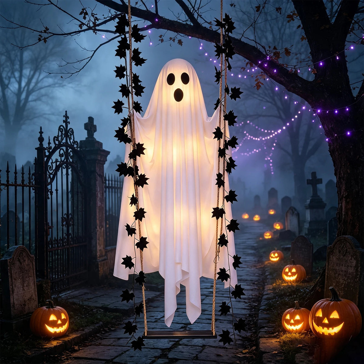 Halloween Ghost Pendant Maple Leaf Swing Ghost  Yard Decoration with Battery Box and Remote Control Halloween Party Decorations