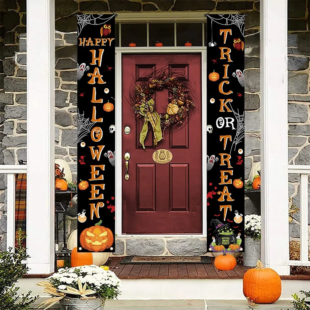 Halloween welcome banner, 1 piece, design includes pumpkins, spider webs and skulls, terrifying decoration on the wall.