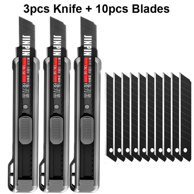 3pcs 18mm Retractable Utility Knife Heavy Duty Durable Non Slip Box Cutter Carton Package Opener with 10pcs Black Steel Blades