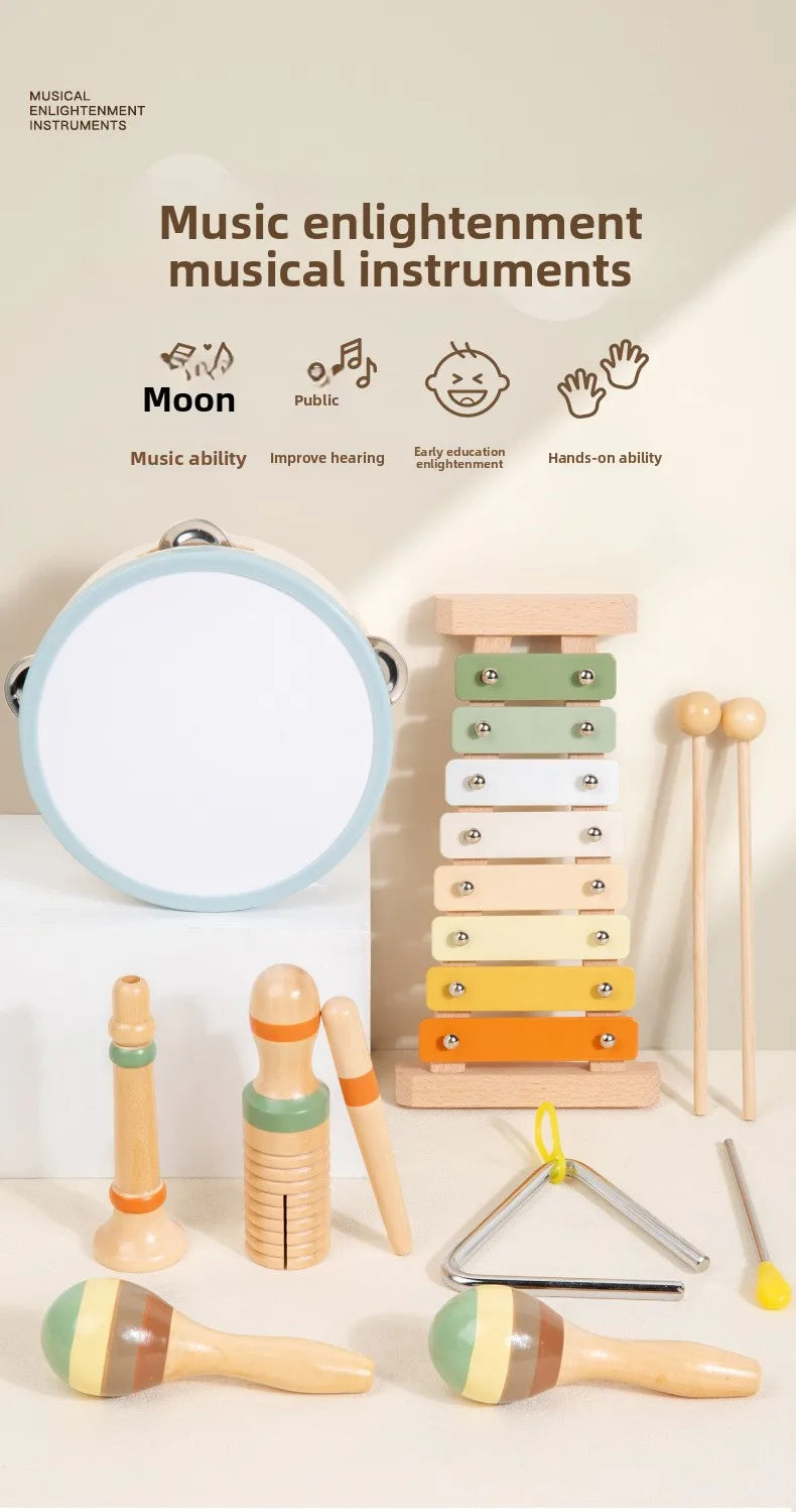 Montessori Wooden Percussion Set 6-in-1 Music Discovery Kit Toy for Toddlers 1-3 Years with Xylophone Shakers Sensory Toys Gifts